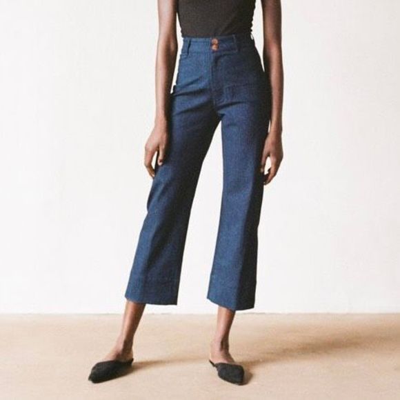 Maria Stanley Luna Pant Wide Leg Crop High Rise Dark Blue Denim 8 NWT - Picture 9 of 9